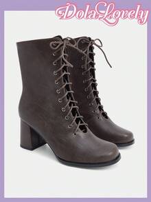 Dola Lovely Women's Brown Retro Round Toe Chunky Heel Lolita Style Party Matching Sweet Cute Mid-Calf Boots, Suitable For Christmas, Halloween, Thanksgiving - Brown - View 3