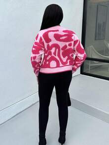 Lässige Farbblock Muster Raglan Strickjacke, geeignet für Herbst/Winter, Feiertage, Neujahr, Valentinstag - Pink - Übersicht 2