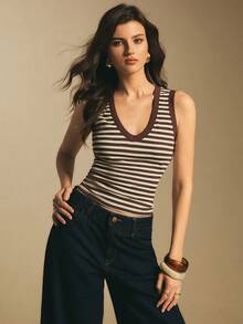 Poéselle Women's V-Neck Ribbed Slim Fit Casual Tank Top Women Tank Tops Striped Tank Brown Tank Top Striped Top Brown Tank Top Women Western Tank Tops Women - Brown - View 1