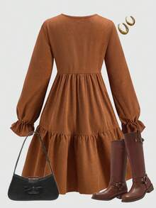 Women's Casual Solid Color Hollow Bow Decor Mid-Length Dress, Autumn Long Sleeve Brown Dress - Brown - View 2