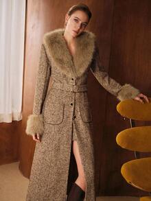 MOTF PREMIUM WOOL TWEED ELEGANT LUXURY FURRY COLLAR BELTED OVERCOAT