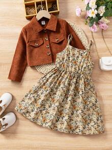 SHEIN Vintage Floral Adjustable Strap Dress + Solid Button Jacket Set, Casual Cute Resort Style, Elegant For Daily, Party, Gift Young Girls - Brown - View 4