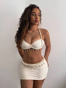 Amplova 2pcs Set: Rope, Starfish & Shell Pendant Decorated Cropped Tank Top And Mini Skirt - Apricot - View 13