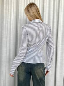 Siren Gaze Women's Striped Long Sleeve Single-Breasted Cargo Pocket Casual Shirt Striped Blouse Button Down Blouse Button Up Top Stripe Shirt Winter White - White - View 2