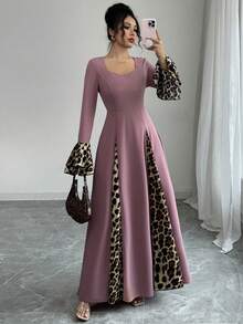 Modelyn 女式豹纹拼布喇叭袖连衣裙长款晚礼服 - 淺灰紫 - 查看 1