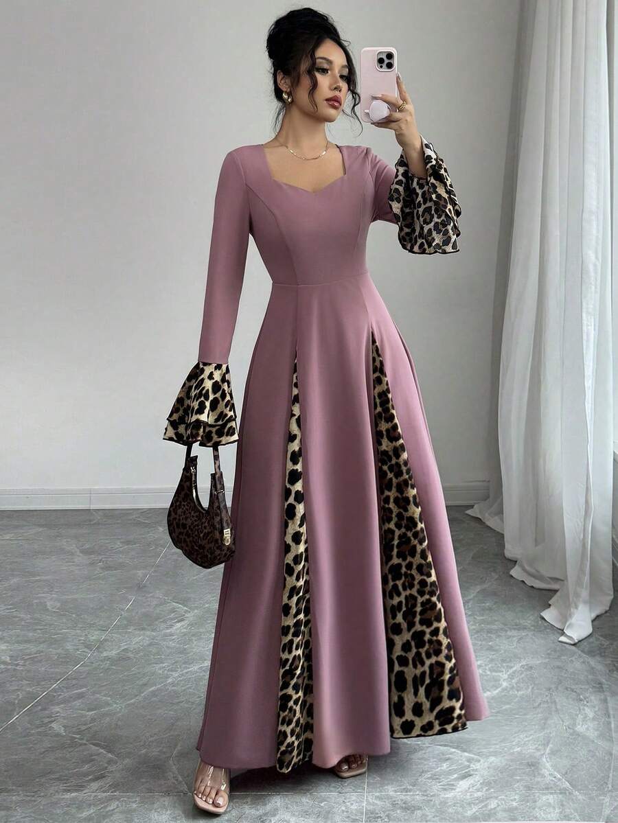 Modelyn 女式豹纹拼布喇叭袖连衣裙长款晚礼服 - 淺灰紫 - 查看 1
