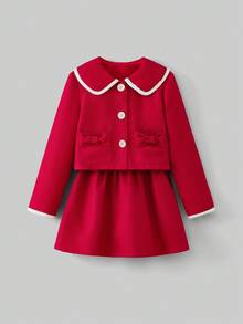 Maija Kids Tween Girl Contrast Color Peter Pan Collar Jacket & Skirt Casual Outfit - Red - View 2