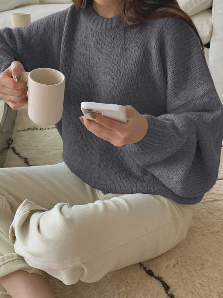 DAZY Women's Solid Color Round Neck Drop Shoulder Long Sleeve Casual Loose Pullover Sweater, Autumn/Winter