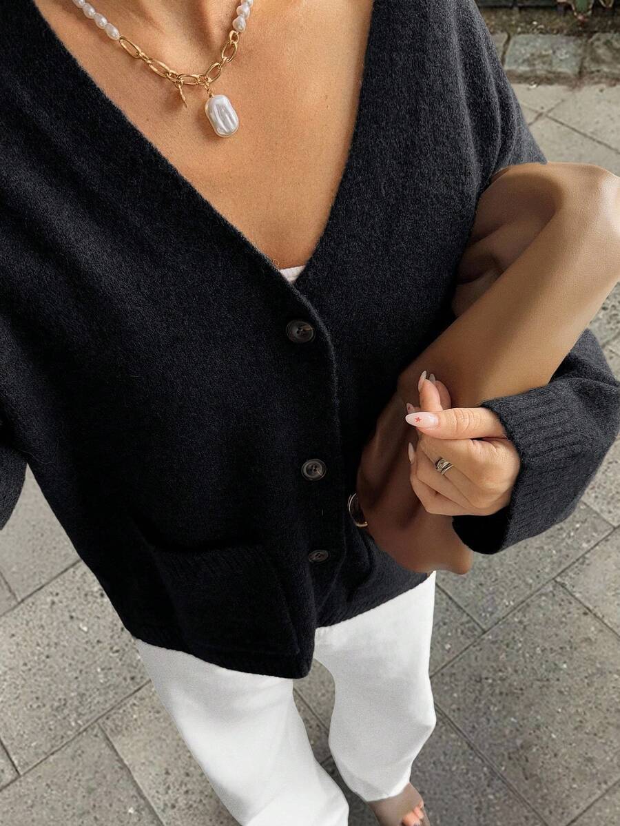 Livesso 女式纯色口袋长袖针织开衫,秋季 - 黑色 - 查看 1