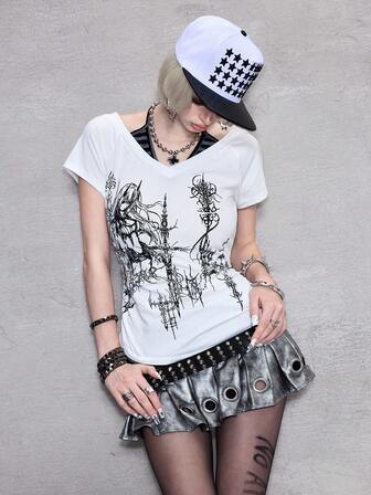 ROMWE Avant Maglietta donna sexy stile Y2K 2 in 1 a scollo a V a righe con colore a contrasto, con fiocco alla nuca, colore bianco