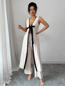 Selianne Elegant Daily Casual Sleeveless Long Top With Tie String V-Neck & Wide Leg Long Pants 2 Pieces Set For Young Women, Spring/Summer - Khaki - View 6