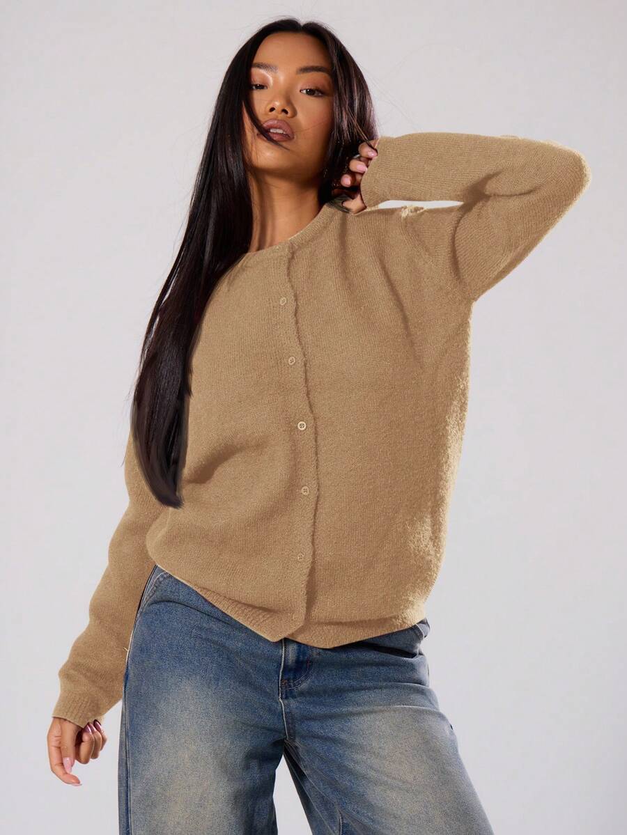 MUSERA Áo khoác cardigan dáng rộng cài nút, phong cách mùa xuân Y2K thập niên 90, thường ngày, dễ thương, dáng rộng, thích hợp cho sân bay, đi học, mùa đông, đi làm, công sở, thanh lịch. - Màu be - Xem 1