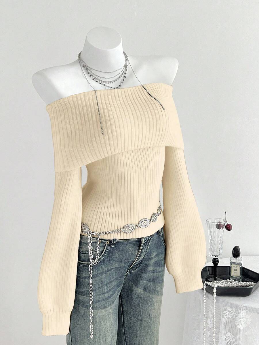 SHEIN Unity Suéter casual y versátil de unicolor con mangas farol y hombros descubiertos - Caqui - Ver 1