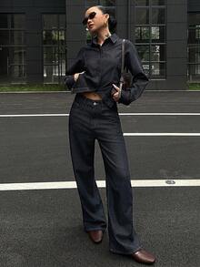 DAZY Jeans vintage taille haute jambe large, ensemble pantalon casual et chemise en jean - Jean brut - Voir 1