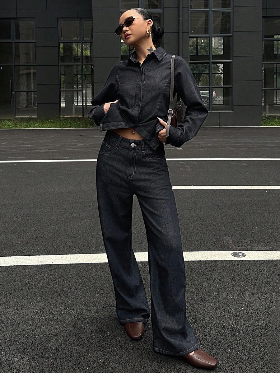 DAZY Jeans vintage taille haute jambe large, ensemble pantalon casual et chemise en jean - Jean brut - Voir 1