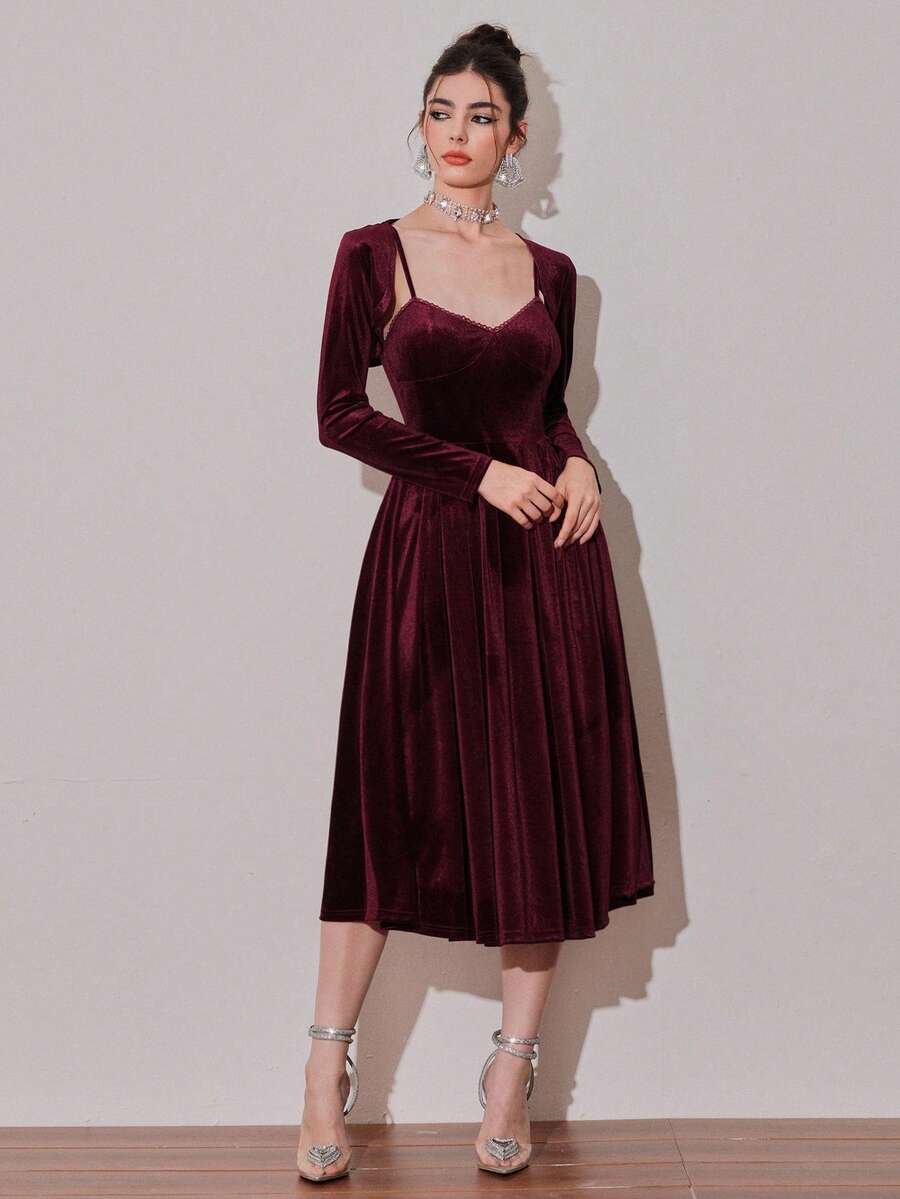 Modelyn 女士纯色长袖吊带背心和细肩带中长连衣裙优雅套装 - 酒紅色 - 查看 1