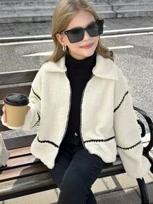SHEIN Serisse Kids Giacca oversize in pile teddy con colletto e bordi a contrasto, stile casual da strada per ragazze pre-adolescenti, adatta per l'autunno/inverno - Bianco - Visualizzare 6