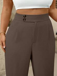 SHEIN Tall 大码女式高腰褶皱阔腿休闲裤 - 摩卡棕 - 查看 4