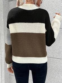 EMERY ROSE Casual Color Block Drop Shoulder Stand Collar Sweater, Autumn/Winter - Multicolor - View 2