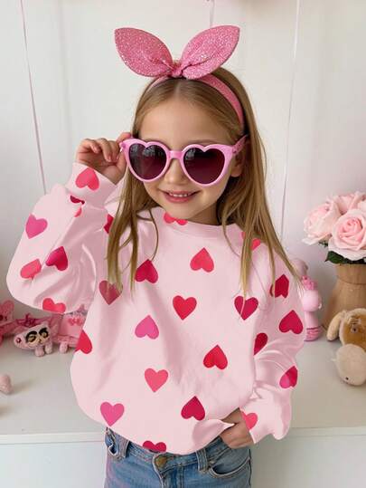 Sudadera de punto suave de manga larga con cuello redondo, cómoda y de corte holgado, con estampado de corazones rosas, ropa de otoño e invierno para mujeres y niñas