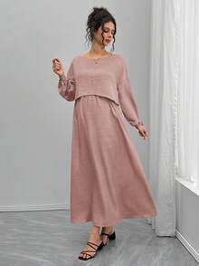 SHEIN 2pcs Maternity Set: Loose Boat Neck Long Sleeve Top And A-Line Waist Drawstring Skirt - Apricot - View 5