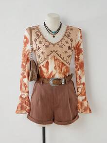 LanaWest Áo thun xếp lớp cổ chữ V tay loe dài, thêu họa tiết lưới, chất liệu lụa sữa, dáng rộng, cạp cao, viền ô bất đối xứng, phong cách phương Tây, lãng mạn, boho, retro, mặc hàng ngày, thu/đông - trái cam - Xem 7