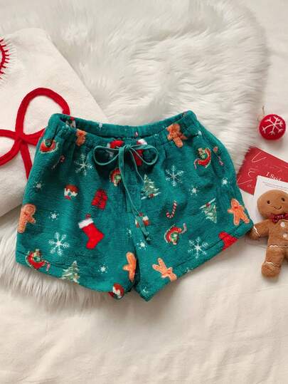 Comfortcana Women's Gingerbread Man & Snowflake Pattern Drawstring Waist Loose Shorts Christmas