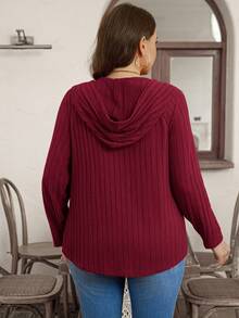 Plus Size Red Casual Knitted Fabric Rib-Knit Hooded Long Sleeve T-Shirt With Buttons Regular Length Plus Size Ribbed Knit Top Burgundy Hooded Button Up Wine Red Ribbed Sweater Plus Size Long Sleeve Top Dark Red Knit Blouse - Red - View 2