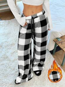 SHEIN PETITE Women's Tie-Waist Fluffy Plaid Print Casual Wide Leg Baggy Pants Black And White Plaid Lounge Pants,Fall Clothes For Women, Going Out Bottoms,Elegant,Civil Wedding,Wedding Guest , Party,Home, Leisure, Comfort Upgrade,Striped Design,Check ,Sporty, Multifunctional