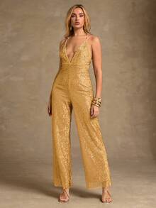 Glamine 女式深V领细肩带亮片性感阔腿连体裤