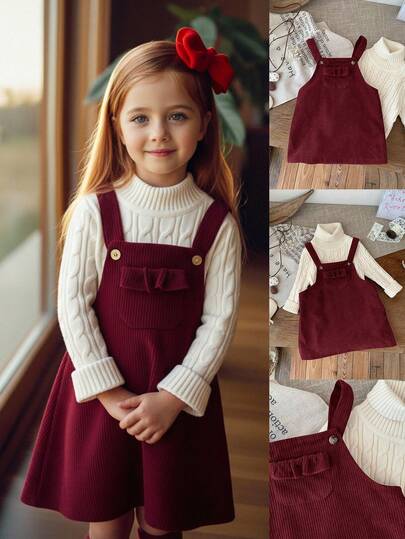 Emery Rose Kids Emery Rose Kids Young Girls /Baby Girls Christmas Dress Cute Burgundy Corduroy Overall Dress Young Girls Burgundy Corduroy Dress With Ruffle Pocket And Shoulder Straps Toddler Overall Dress Baby Burgundy Dress Maroon Dress For Girl Young Girl Overalls Corduroy Overall Dress Young Girls  Burgundy Dress Corduroy Overall Dress Young Girls Autumn And Winter Girls Dress Chic Burgundy Corduroy  Girl Dress With Ruffle Pocket Detail For Fall And Winter Infant Outfits Autumn And Winter Young Girls Dressse