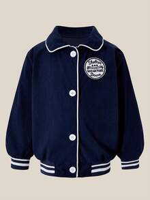 SHEIN Toddler Girls' Fashionable Casual Versatile Blue Jacket, Ribbed Cuffs & Hem, Long Sleeve, Collegiate Style Outerwear, Suitable For Autumn/Winter Outings, Suitable To Pair With Jeans, Sweatpants, Tops - Navy Blue - View 7