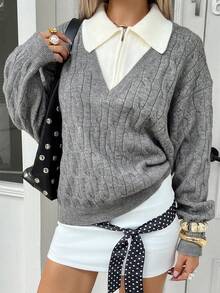 Livesso Maglione oversize da donna casual e business, con blocchi di colore e texture a patchwork, adatto per l'autunno e l'inverno - Grigio - Visualizzare 4