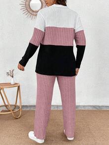EMERY ROSE Áo thun dệt kim mềm tay dài có khóa kéo cổ áo cỡ lớn phối màu và quần gân mềm mại, trang phục thường ngày 2 món - Nhiều màu - Xem 2