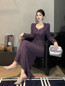 DAZY 优雅泡泡袖褶饰纽扣女式长裙，秋季 - 紫色 - 查看 8