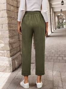 EMERY ROSE Women's Solid Color Patch Pocket Tapered Casual Corduroy Pants, Versatile For Autumn - Army Green - View 2