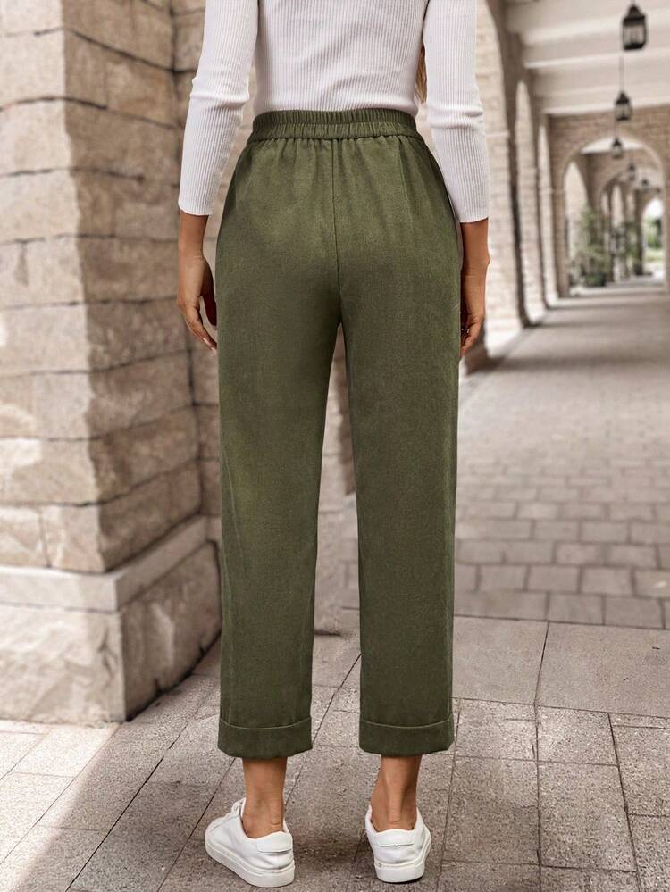 Women's Solid Color Patch Pocket Tapered Casual Corduroy Pants, Versatile For Autumn