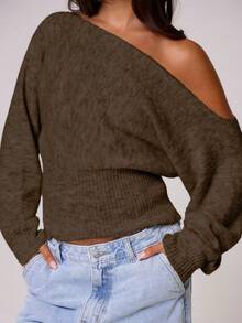 MUSERA Fluffy Knit Asymmetrical Shoulder Cinched Waist Mohair Top , , , Cute, Country, Cottage Core, Butterscotch Winter Evening Party Elegant Spring Sweater - Brown - View 6