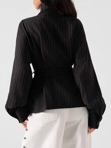 LYSMO Women's Black Striped Turtleneck Dropped Shoulder Long Sleeve Fashionable Versatile Trench Coat, Autumn,Winter Clothes For Women - Black - View 2