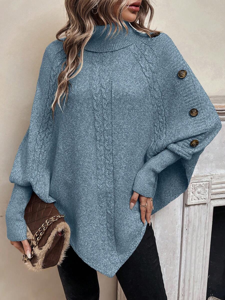 Áo len Poncho cổ lọ trơn màu thường ngày dành cho nữ, Thu/Đông - Màu xanh bụi bặm - Xem 1