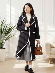 优雅休闲黑色外套，适合青春期女孩，白色蕾丝边，修身剪裁，精致衣领，时尚别致 - 黑色 - 查看 1