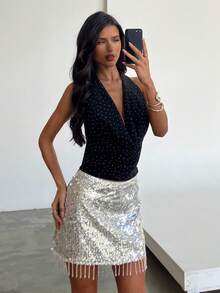 Aloruh 优雅亮片流苏沙滩迷你裙，银色闪亮亮片裙，适合秋季万圣节服装，也适合冬季、秋季派对/夜店/Y2K场合。 - 銀色 - 查看 7