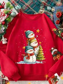 Felpa girocollo termica foderata, casual e comoda, di moda e versatile, con motivi natalizi di alberi di Natale e pupazzi di neve, adatta per ragazze giovani in autunno/inverno - Rosso - Visualizzare 3