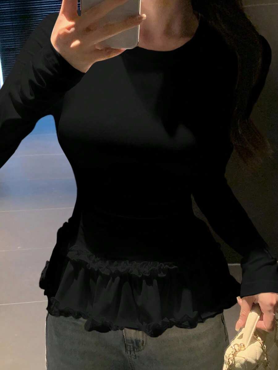 DAZY Women's Korean Style Ruffle Trim Long Sleeve T-Shirt, Spring/Autumn - Black - View 1