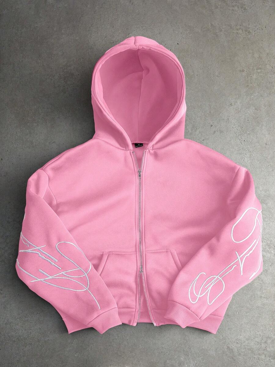 PAVTROS 男士创意文字图案刺绣金属拉链保暖连帽卫衣，粉色街头风连帽衫，秋冬款，长袖上衣