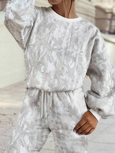 Rovax Light Gray Leaf Camouflage Printed Women's Crew Neck Sweatshirt And Sweatpants Two Pieces Set For Fall And Winter