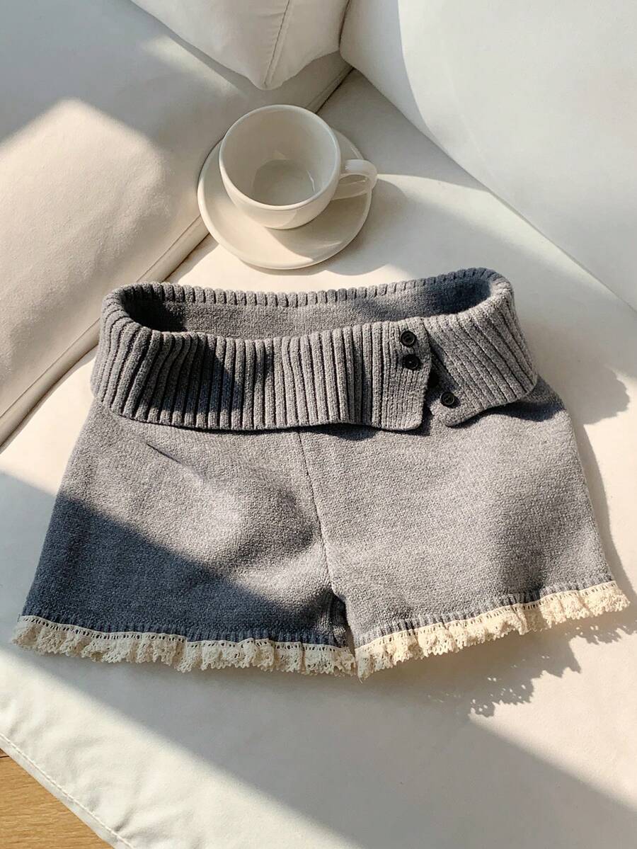 Comfortcana 蕾丝拼布可折叠不对称下摆灰色短款毛衣短裤 - 灰色 - 查看 1