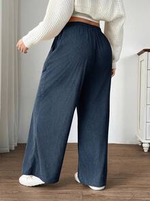 SHEIN EZwear Quần ống rộng cạp cao dáng rộng cỡ lớn dành cho nữ, chất liệu vải nỉ có túi và miếng vá, phù hợp mặc ở trường học, mặc hàng ngày, làm việc trong nhà, màu xanh nhạt, thu/đông - Màu xanh bụi bặm - Xem 2