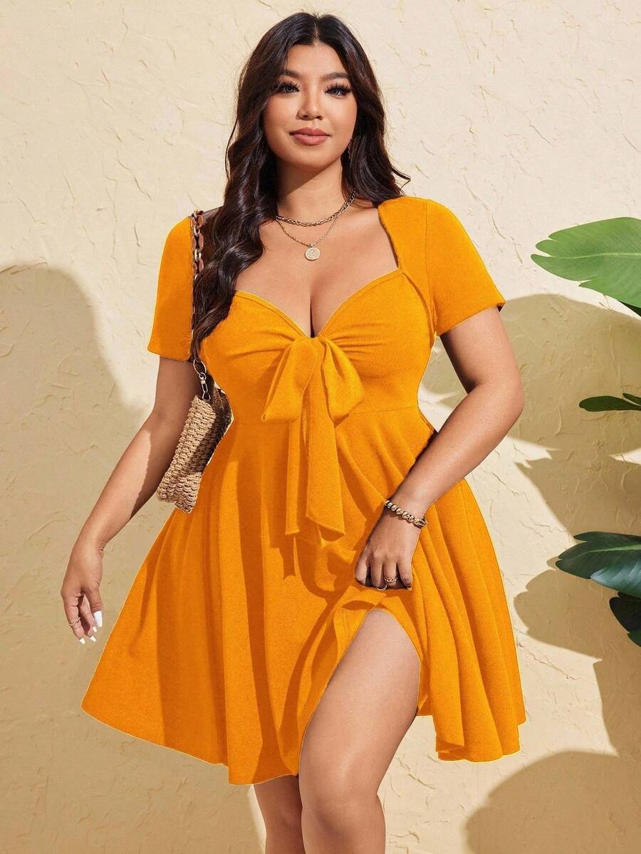 Flirla 大码女式性感前系带短袖紧身连衣裙，夏季 - 黃色 - 查看 1