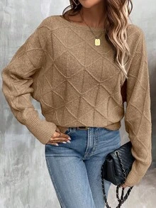 EMERY ROSE 女式休闲蝙蝠袖船领宽松针织毛衣，秋冬 - 卡其色 - 查看 5